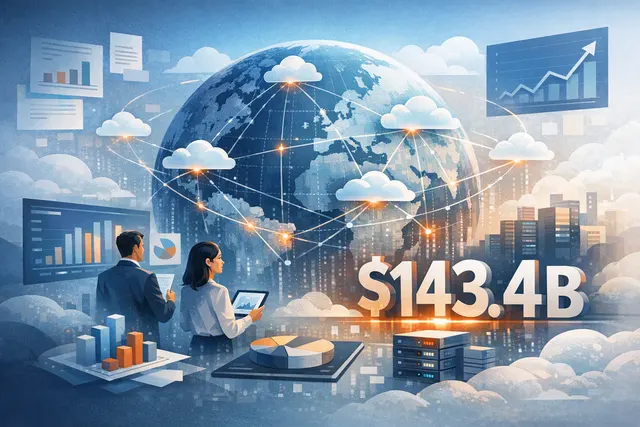 Abstract visualization of cloud infrastructure growth with data centers, AI chips, and network connections representing the $143.4 billion Q2 2026 cloud market