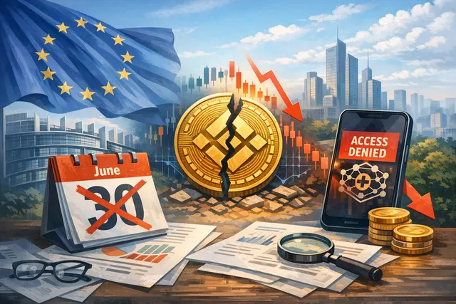 Binance logo on a background of European Union flags and a calendar marking June 30, symbolizing the failed MiCA license deadline.