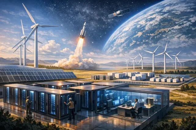 Editorial illustration comparing Envision’s renewable-powered AI data center in Inner Mongolia with SpaceX’s proposed orbital AI satellites