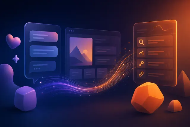 Illustration of AI app builder interface with integrated SEO search intelligence