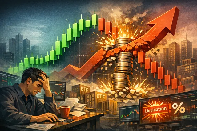 Digital artwork depicting a trader's portfolio collapsing against a backdrop of rising blockchain token charts