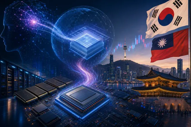 Editorial illustration of AI technology and semiconductor market activity in South Korea and Taiwan