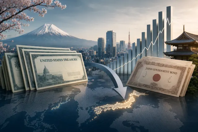 Illustration of global bond markets shifting as Japanese investors sell U.S. Treasuries