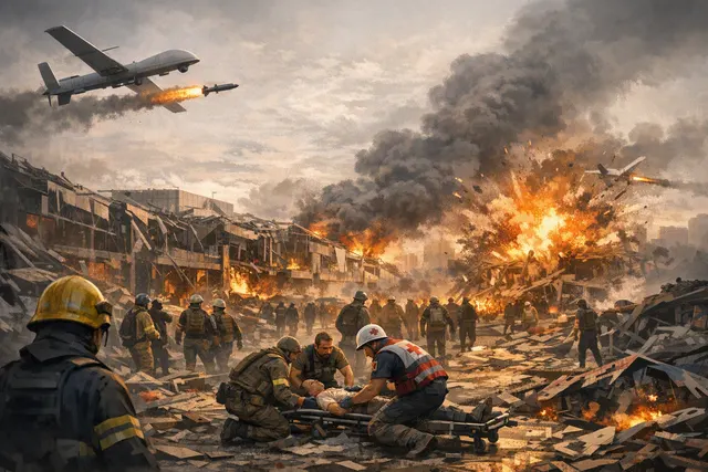 Editorial illustration of a drone strike and emergency response at a damaged shopping centre in Kryvyi Rih