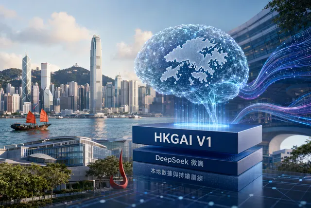 香港城市天際線與人工智能節點，象徵 HKGAI V1 和本地 AI 生態