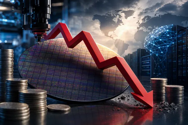 Editorial illustration of TSMC’s AI-chip growth, market volatility and High-NA EUV manufacturing roadmap