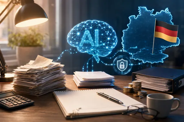 Illustration einer Steuererklärung mit KI-Assistent, Taschenrechner und digitalen Dokumenten