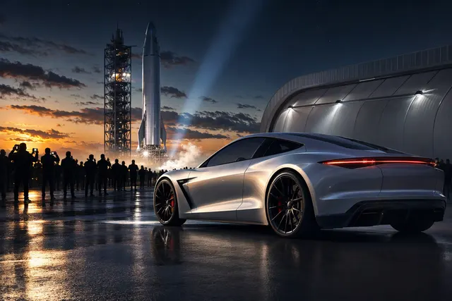 AI-generated editorial illustration accompanying an article about the Tesla Roadster reveal and SpaceX merger speculation.