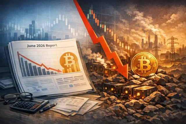 Bitcoin mining rigs and a declining chart showing BTC trading below production cost, illustrating JPMorgan's June 2026 report on worsening mining economics.