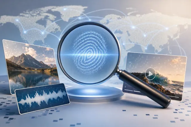 Illustration representing a digital tool checking media for an invisible AI watermark