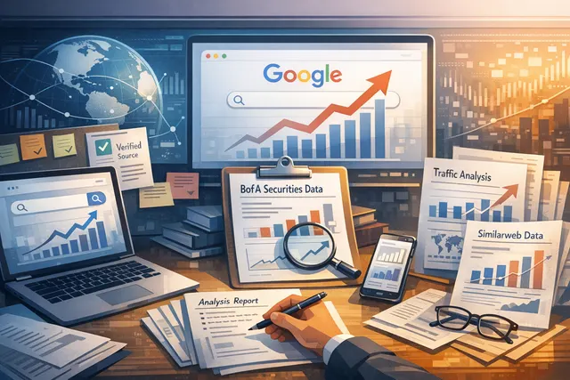 Illustration showing Google Search and AI chatbot icons in a competitive landscape with market share data