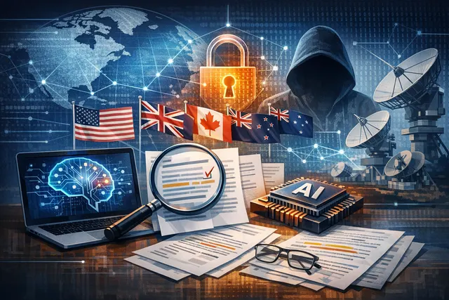 A conceptual image showing a glowing digital network map with a Chinese AI model identifier, surveillance lines, and a 'Five Eyes' intelligence emblem, representing cybersecurity c