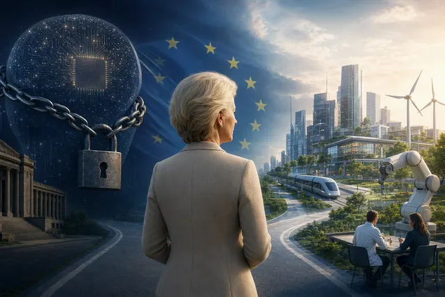 Editorial illustration representing the European Union’s approach to frontier AI safety, child online protections, and industrial AI adoption