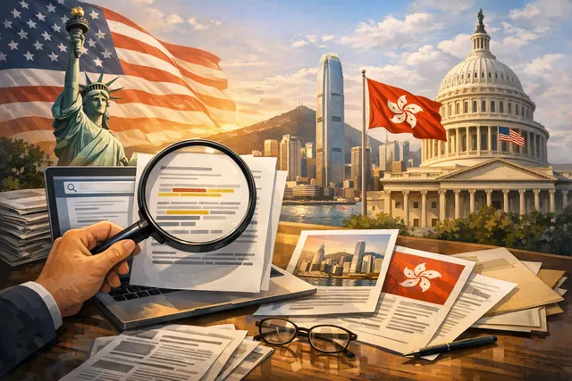 A conceptual split image showing the U.S. Capitol building and the Hong Kong skyline, representing the expiration of the U.S. national emergency declaration over Hong Kong.