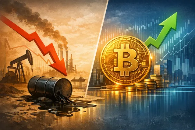 A split visual showing a downward-trending oil price chart on one side and a stable Bitcoin price chart on the other, representing the week's divergence after the U.S.-Iran peace d