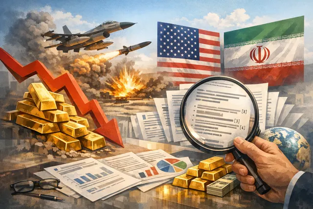 Gold bars stacked against a backdrop of financial charts and oil field imagery, illustrating the macro forces driving the gold selloff in June 2026