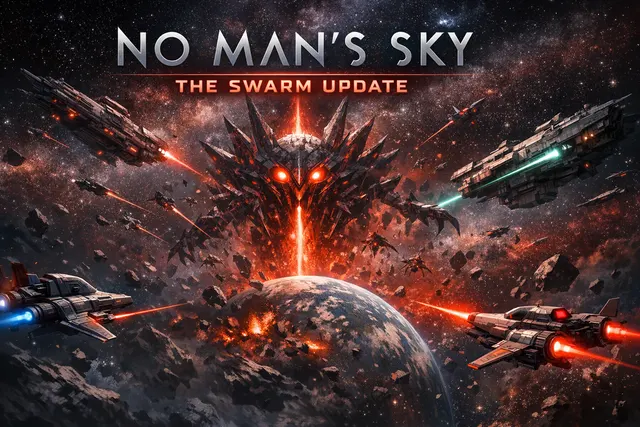 A massive, ominous Hive of Glass starship looms in the sky above a planet's surface, surrounded by a swarm of smaller agile combat drones in No Man's Sky.