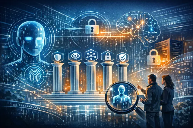 Abstract visualization of secure AI agent traffic flowing through a central authentication layer, with digital shields and identity nodes representing the Akamai Agentic Security F