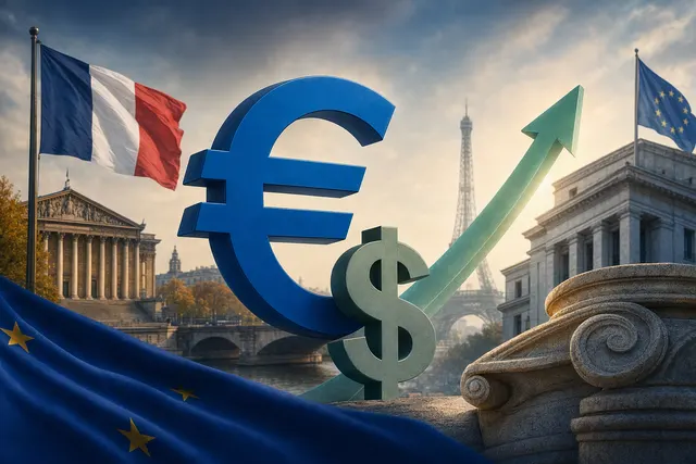 Editorial illustration for the euro’s rebound against the U.S. dollar amid French fiscal and bond-market concerns