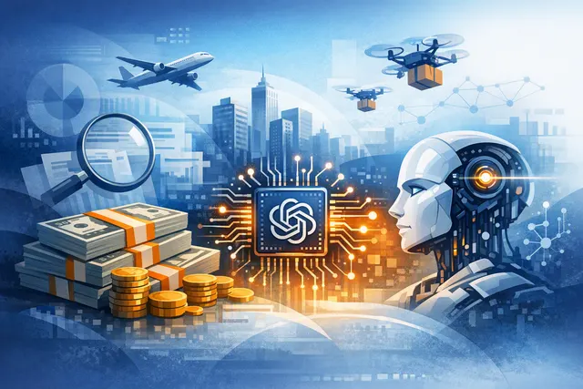 A stylized, high-tech illustration representing Amazon's $50 billion investment in OpenAI with abstract network nodes and cloud infrastructure.