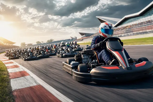 AI-generated illustration of Max Verstappen competing in the Max vs 100 karting challenge at Silverstone