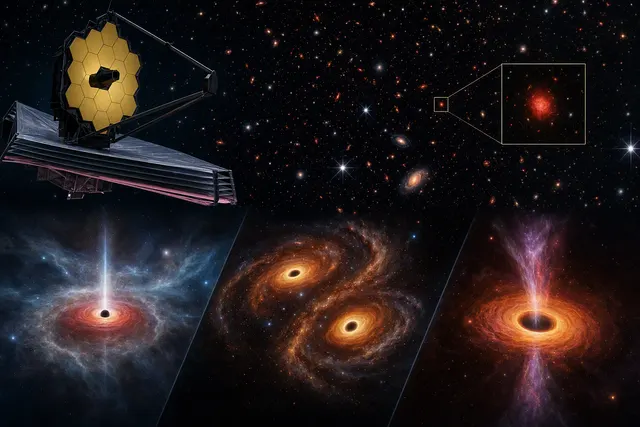 Editorial illustration of little red dots and rapidly growing black holes in the early universe