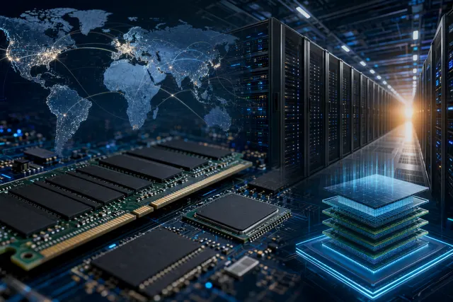 Illustration of AI servers and memory chips representing the global DRAM and HBM shortage driven by AI data centers