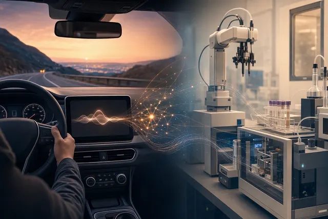 Illustration of an AI assistant connecting a car dashboard and laboratory equipment