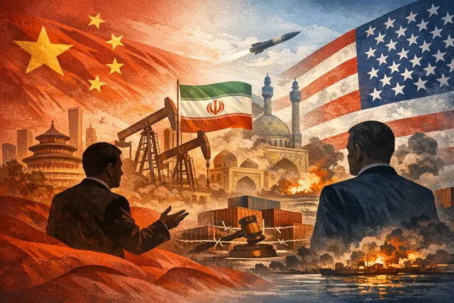 Editorial illustration of China-U.S. tensions over Iran sanctions