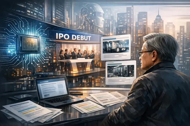 Jensen Huang speaking at a technology event with SK Hynix and Nvidia branding visible