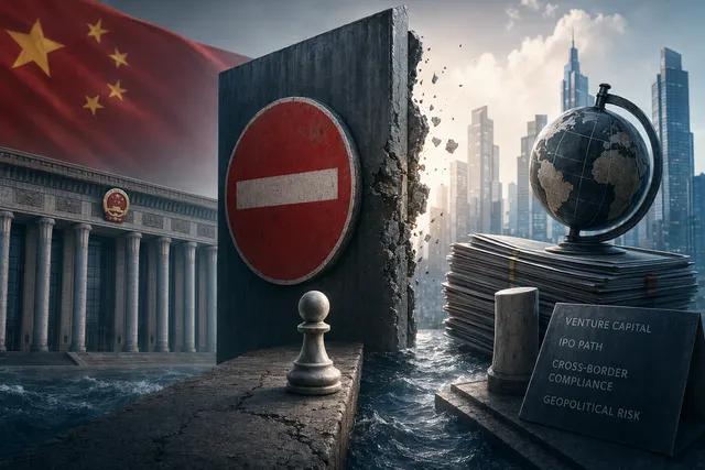 抽象全球科技地圖上，中國與海外市場之間的 AI 交易路徑被監管警示標記分隔
