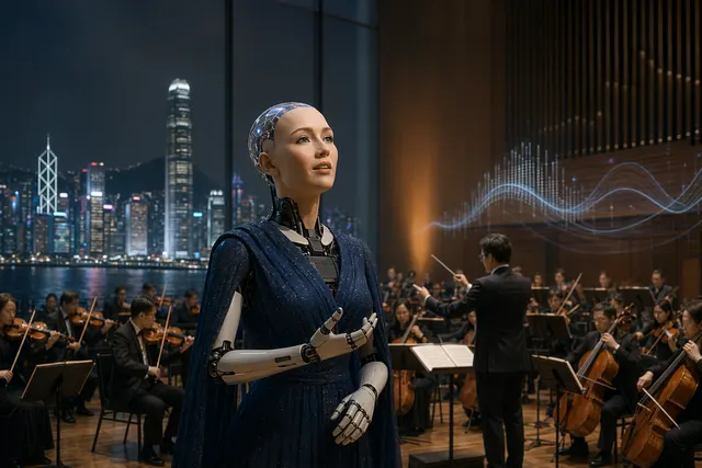 人形機械人 Sophia 站在交響樂團前的 AI 音樂會概念圖