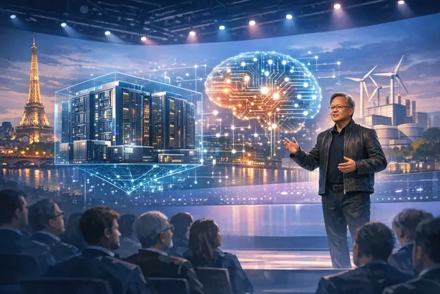 Jensen Huang speaking on stage at VivaTech 2026 in Paris, with a backdrop showing Nvidia's AI factory network across a map of Europe