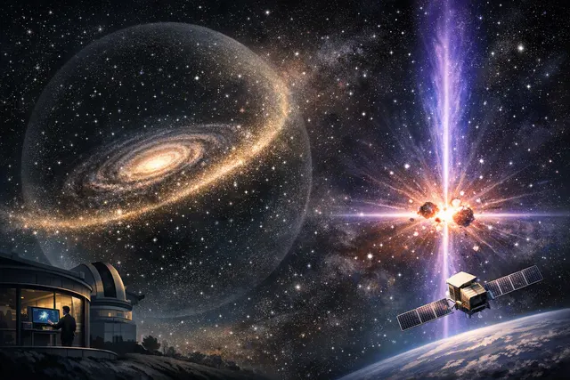 Editorial illustration representing a stellar stream and gamma-ray signal used to investigate dark matter