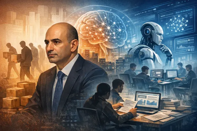 HSBC CEO Georges Elhedery at a podium with a digital globe showing AI-driven banking networks and cost-saving data in 2026