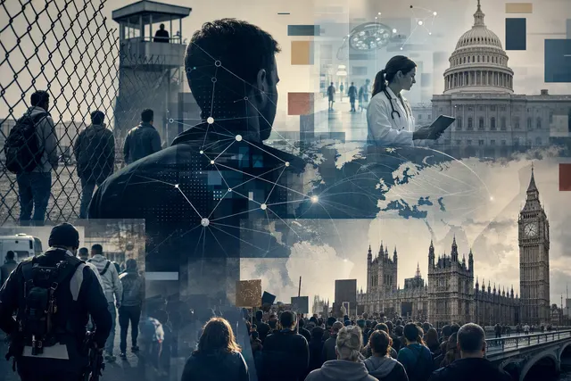 Editorial illustration representing scrutiny of Palantir’s roles in healthcare data, immigration enforcement and policing