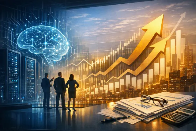Editorial illustration of Dell AI servers and data-center infrastructure powering rapid growth