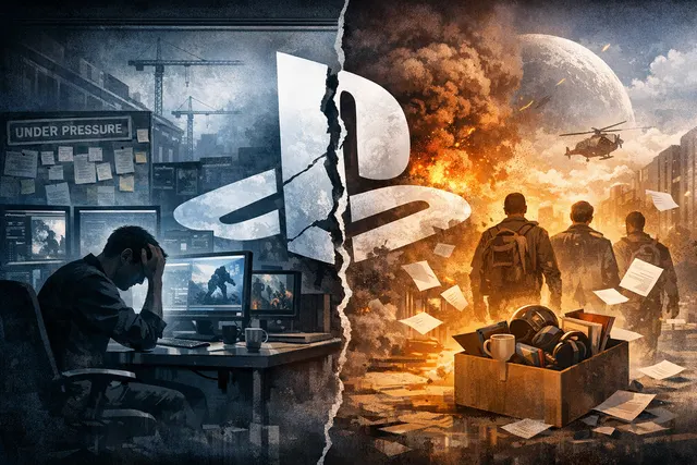 A fractured PlayStation Studios logo with Bungie and Naughty Dog iconography fading into a stark corporate office setting, illustrating internal pressure and restructuring