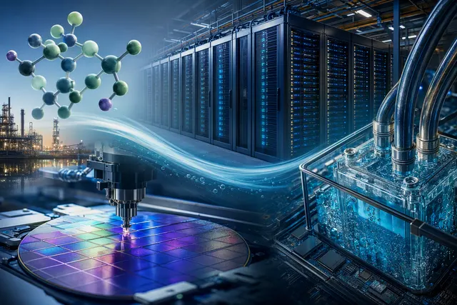AI data-center servers and semiconductor circuitry illustrating the link between artificial intelligence infrastructure, cooling, and PFAS demand