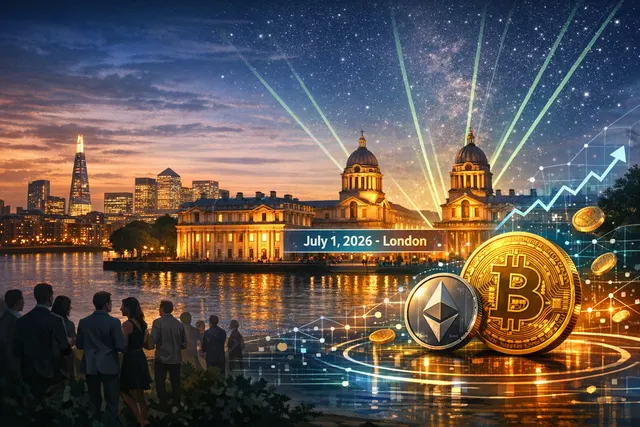 A conceptual image of Robinhood's global crypto expansion, with the London skyline morphing into digital blockchain nodes across a globe, hinting at the 'The World is Flat' event.