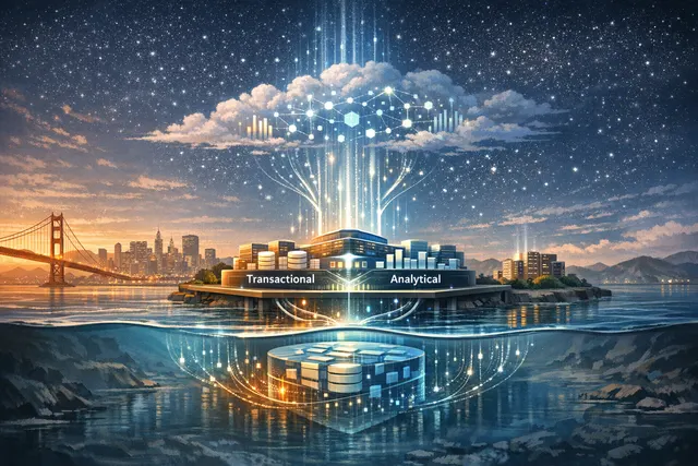 Editorial illustration representing Databricks' LTAP architecture launch, showing unified data flows merging transactional and analytical streams in a lakehouse environment.