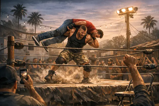 Stylized editorial illustration of backyard wrestling in Grand Theft Auto VI, with Jason Duval in a makeshift ring