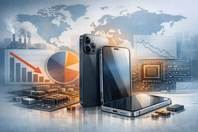 Editorial illustration representing the iPhone 17 leading global smartphone sales during a memory-shortage-driven market contraction