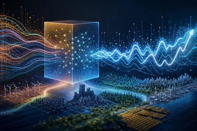 Abstract editorial illustration representing time-series forecasting with data points and a projected trend line
