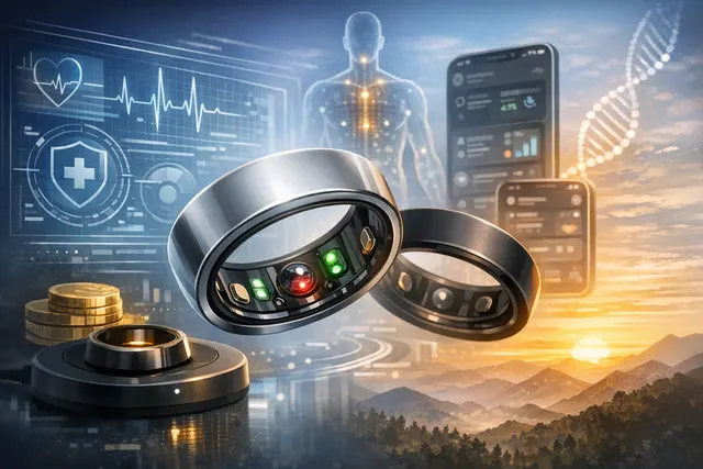 Oura Ring 5 shown from multiple angles on a dark gradient background, highlighting its slim titanium profile and new design