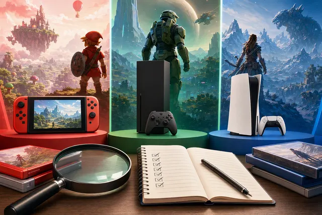 Editorial illustration for a comparison of Nintendo, Xbox and PlayStation’s 2026 first-party Metacritic scores