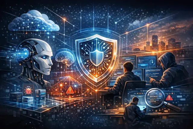 A digital security operations center visualizing Google Cloud's AI Threat Defense platform detecting and neutralizing cyberattacks in real-time.