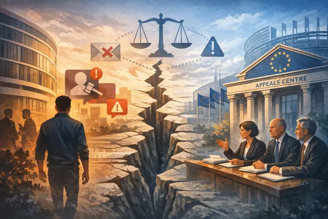 Digital illustration of a EU flag-themed gavel and social media icons symbolizing content moderation disputes
