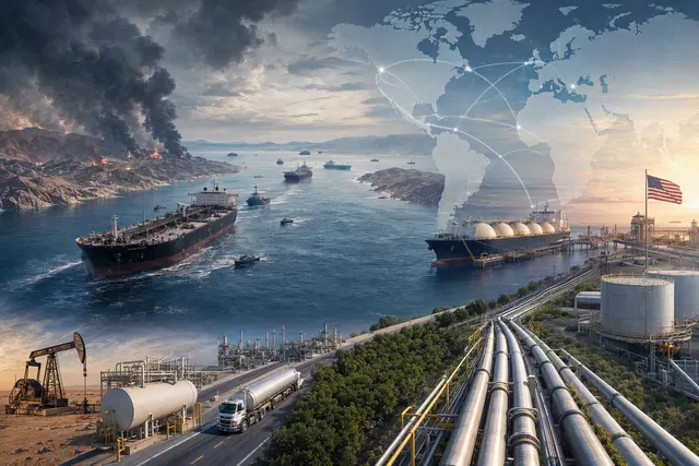 Editorial illustration of energy shipping disruption around the Strait of Hormuz