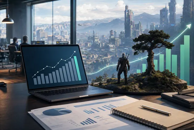 Editorial illustration representing CD Projekt RED’s first-half 2026 financial results and Witcher game roadmap